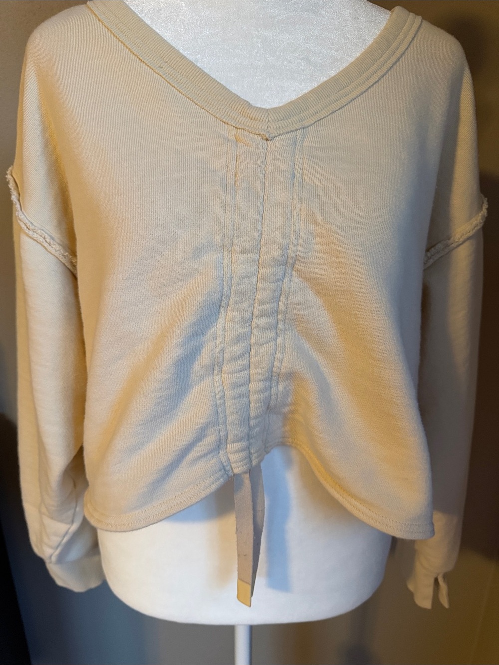 JoyLab Pale Yellow Cropped Sweatshirt Small Cinch Front Raw Edge Pullover